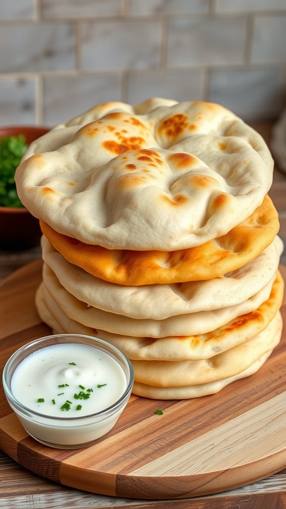 Homemade Pita Bread with Yogurt Freshly baked pita bread stacked on a wooden board with a bowl of yogurt and herbs.